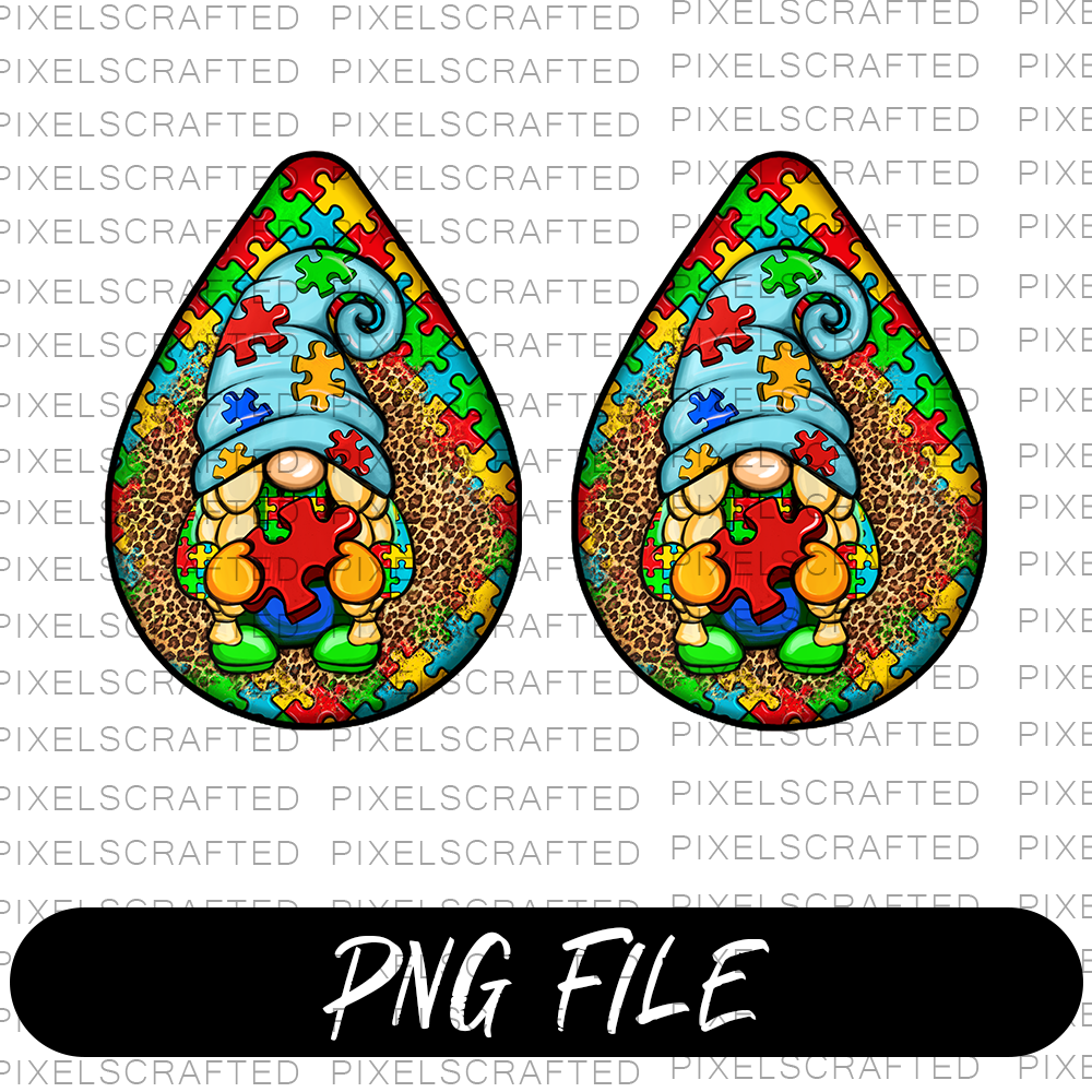 Autism Gnome Teardrop Earrings PNG Sublimation Design, Autism Awareness PNG