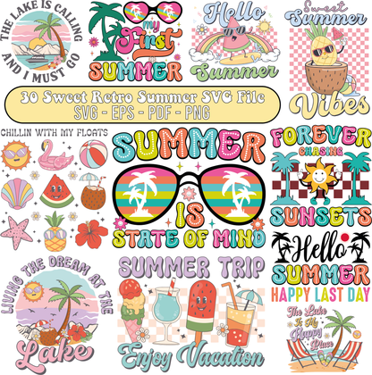 30 Piece Retro Summer SVG Bundle, Retro Summer Tshirt PNG, Summer Cut file, Clipart