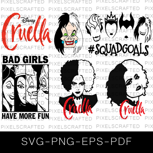 Disney Cruella SVG Bundle, Cruella Cut file, Clipart, Disney Villain SVG Bundle