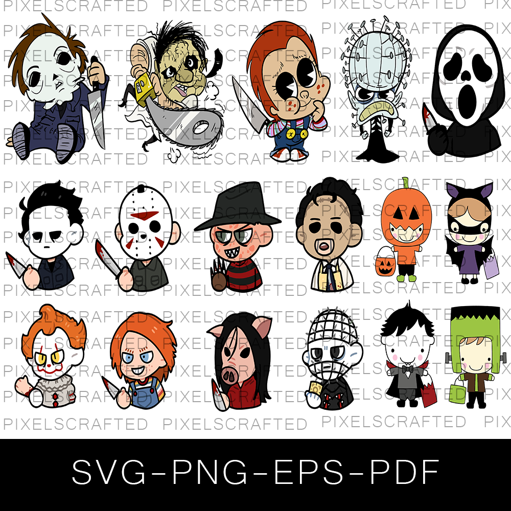 Cute Horror Character SVG Bundle, Cute Halloween Cut file, Little Horror Character SVG Bundle