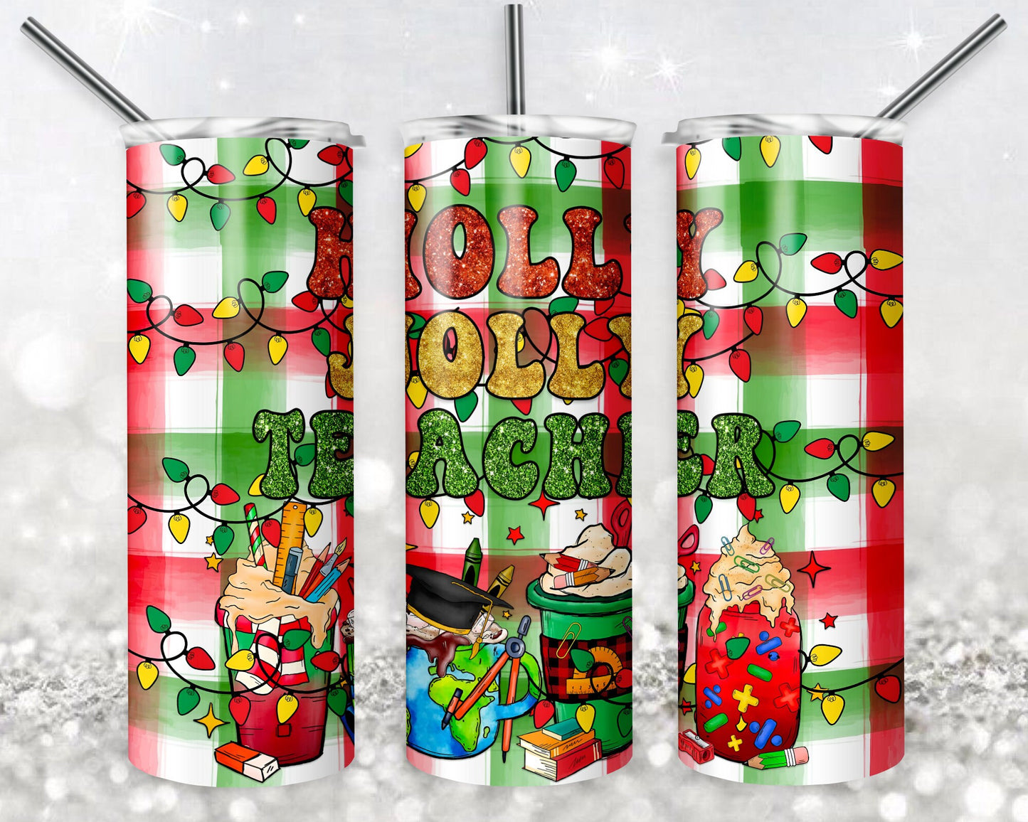 Holy Jolly Teacher 20 oz Skinny Tumbler Sublimation Design, Digital Download PNG, Christmas Tumbler PNG, 20oz Tumbler Design