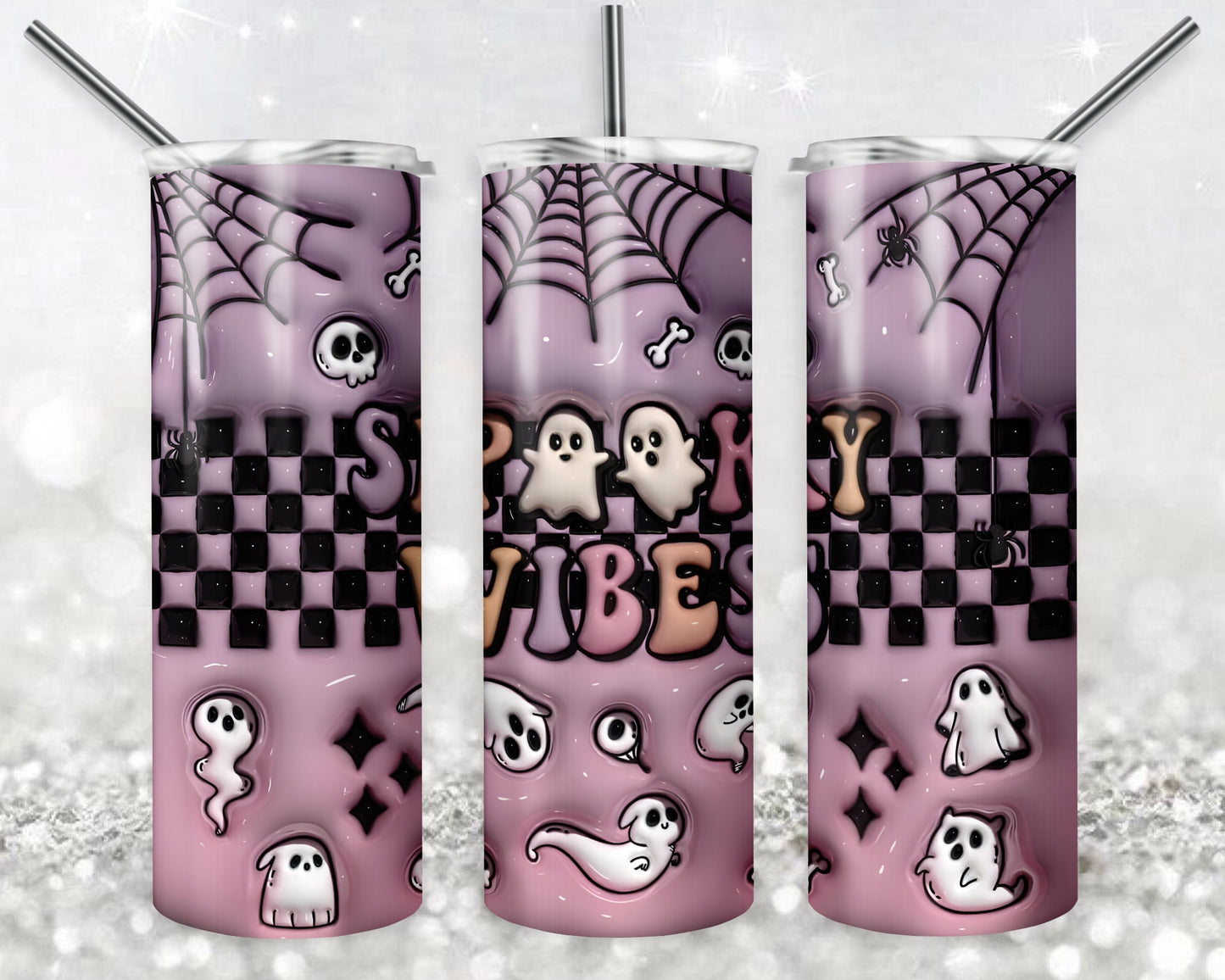 Spooky Vibe 3D Puff Inflated 20 oz Skinny Tumbler Sublimation Design, Digital Download PNG, Cute Ghost Tumbler PNG, 20oz Tumbler Design