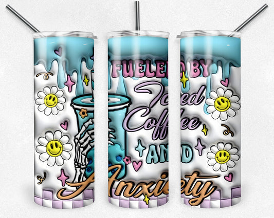 3D Fueled by Iced Coffee and Anxiety Inflated Tumbler Sublimation, Digital Download PNG, Mentally Tumbler PNG, 20 oz Tumbler Design