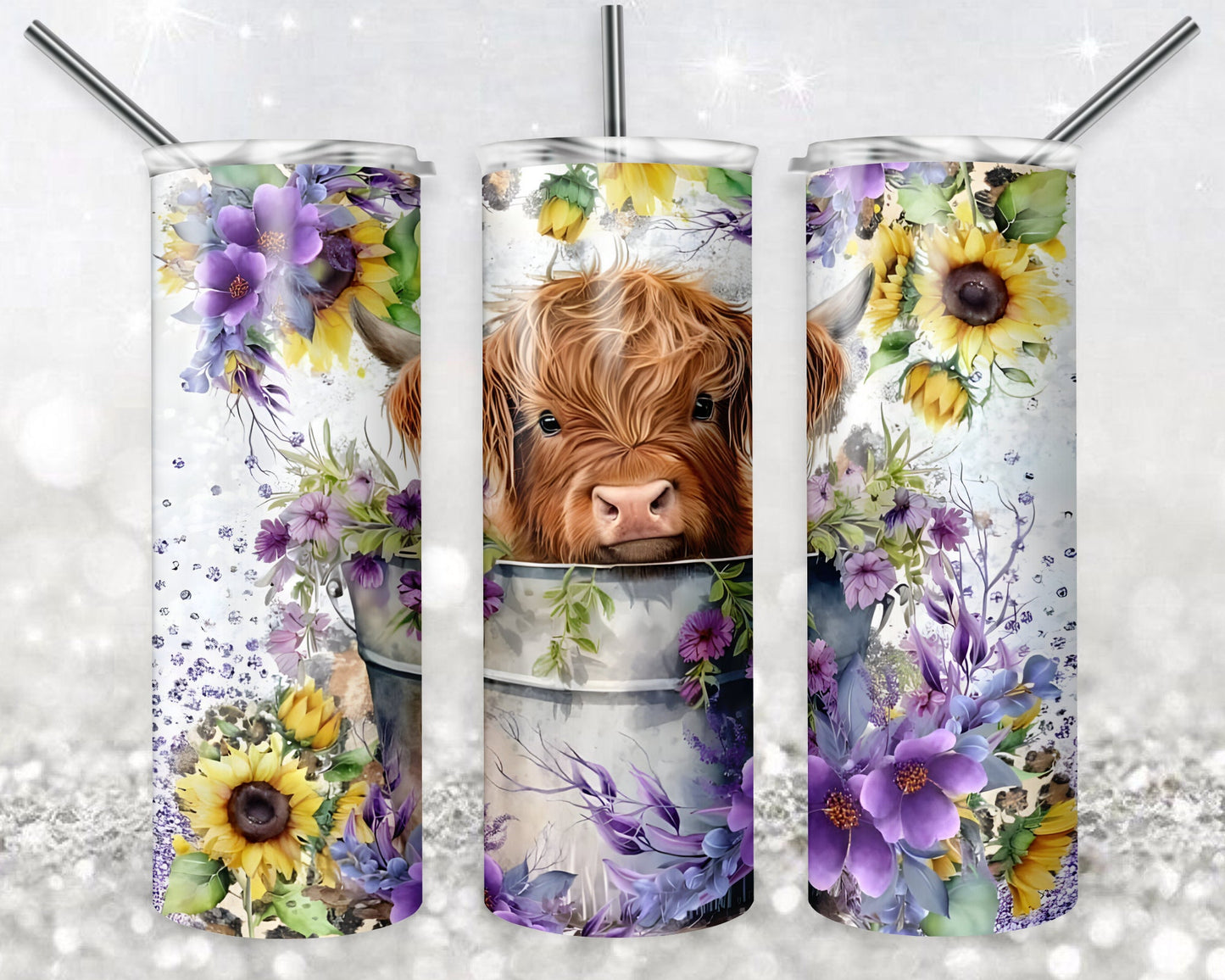 Cow Bucket 20 oz Skinny Tumbler Sublimation Design, Digital Download PNG, Highland Cow Tumbler PNG, 20oz Tumbler Design