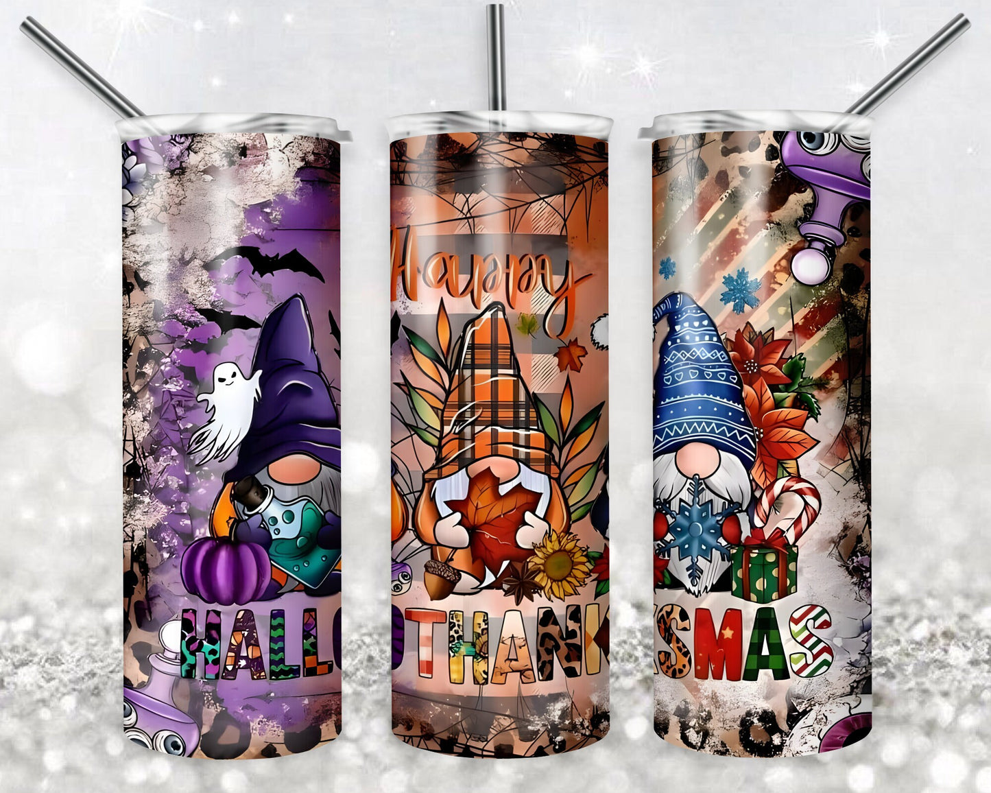 Happy HalloThanksMas Tumbler, 20 oz Skinny Tumbler Sublimation Design, Digital Download PNG,  Halloween Candy Tumbler PNG