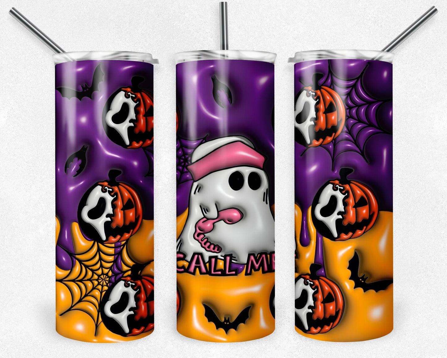 Halloween Call Me 3D Puff Inflated 20 oz Skinny Tumbler Sublimation Design, Digital Download PNG, Ghost Tumbler PNG, 20oz Tumbler Design