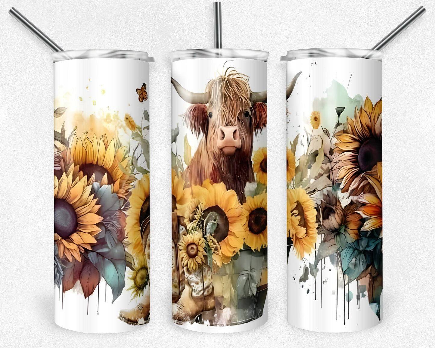 Highland Cow Tumbler Png, 20 oz Skinny Tumbler Sublimation Design, Digital Download PNG, Sunflower Tumbler PNG, 20oz Tumbler Design