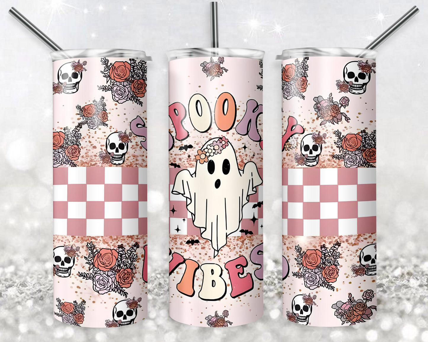 Spooky Vibes 3D Puff Inflated 20 oz Skinny Tumbler Sublimation Design, Digital Download PNG, Cute Ghost Tumbler PNG, 20oz Tumbler Design