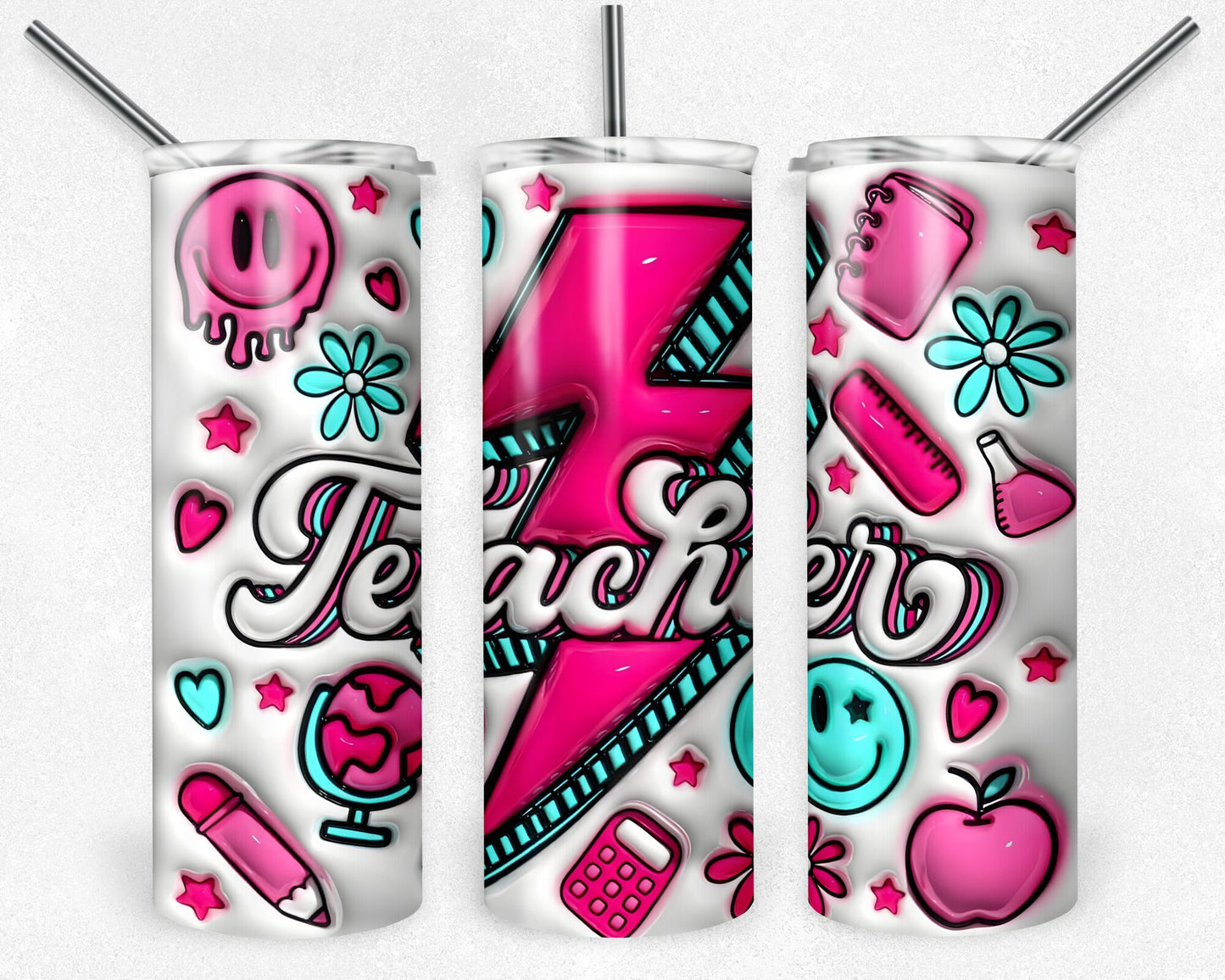 Pink Teacher 3D Puff 20 oz Skinny Tumbler Sublimation Design, Digital Download PNG, School Tumbler PNG, 20 oz Tumbler Design