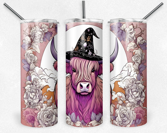 Witch Pink Highland Cow Tumbler, 20 oz Skinny Tumbler Sublimation Design, Digital Download PNG, Fantastic Cow Tumbler PNG, 20oz Tumbler