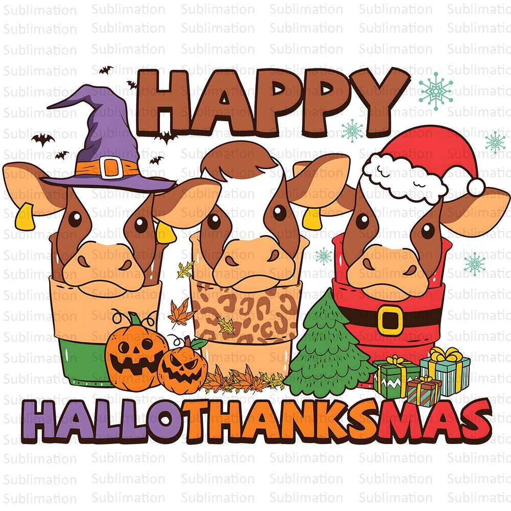 Happy Hallothanksmas Png, Halloween Png, Cow Christmas Png, Fall Png, Digital Download, Sublimation Png