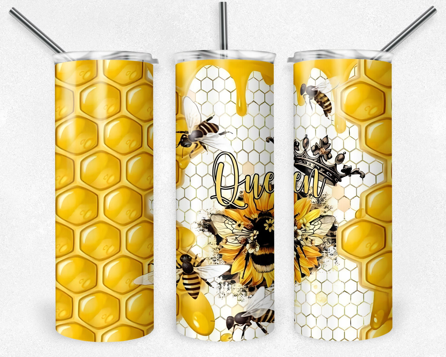 Bee Queen Png, 20 oz Skinny Tumbler Sublimation Design, Digital Download PNG, Honeycomb Tumbler PNG, 20oz Tumbler Design