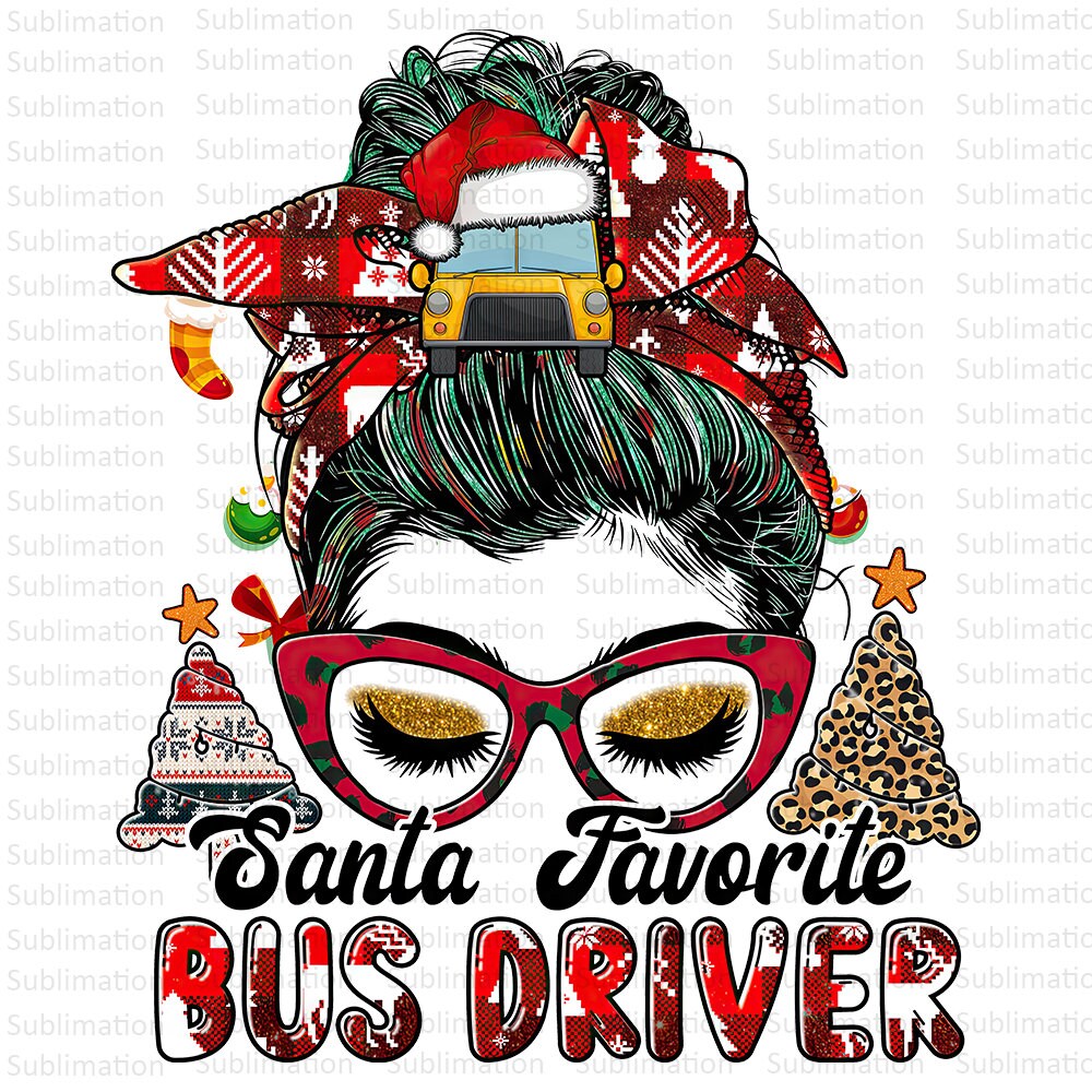 Christmas Bus Driver Messy Bun Png,  Christmas Png, Christmas Tree Png, Sublimation Png, Digital Download