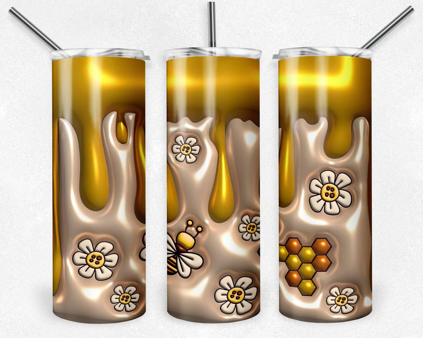 3D Inflated Puff Bee Tumbler, 3D Bee Happy PNG, 20oz Skinny Tumbler, Digital Download, Tumbler Design, Sublimation Design, Honeycomb Png