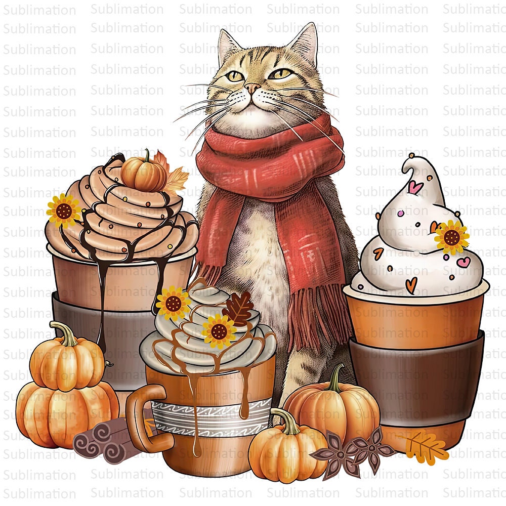 Fall Cute Cat Png, Coffee Png, Fall Vibes Png, Pumpkin Png,  Sublimation Png, Sublimation Designs, Digital Download