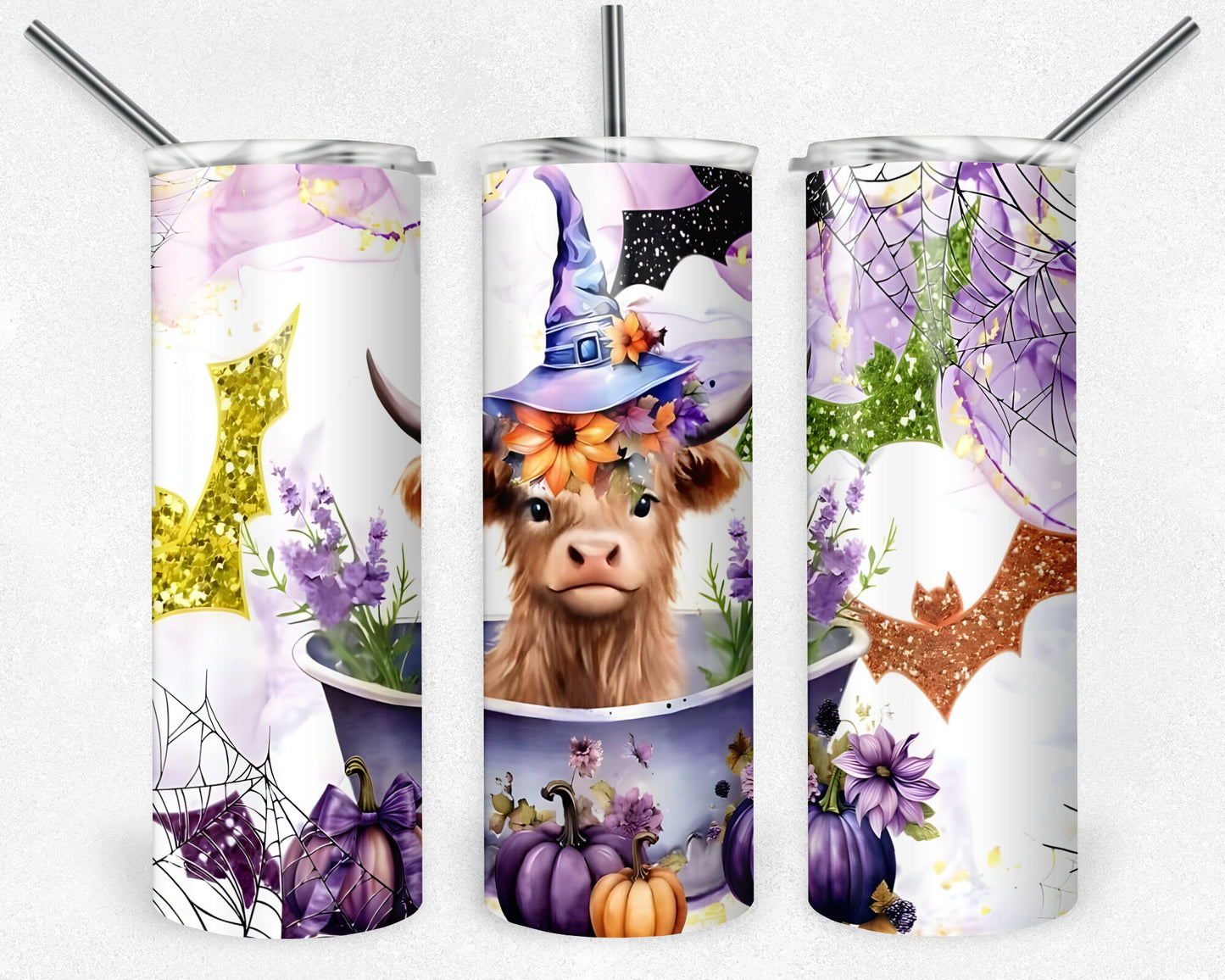 Witch Cow Bucket Tumbler, 20 oz Skinny Tumbler Sublimation Design, Digital Download PNG, Highland Cow Tumbler PNG, 20oz Tumbler Design