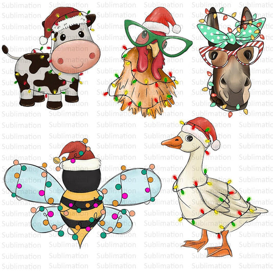 5 Different Farm Animal Christmas, Christmas Farm Animal Png, Christmas Png, Sublimation Png, Sublimation Designs, Digital Download