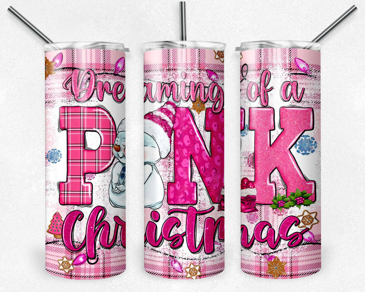 Pink Christmas Tumbler Png, 20 oz Skinny Tumbler Sublimation Design, Digital Download PNG, Snowman Tumbler PNG, 20oz Tumbler Design