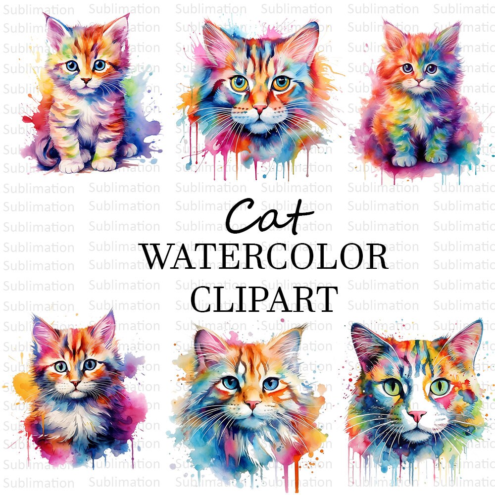 Watercolor Cat Sublimation PNG, Cat Clipart Sublimation Design, Cute Cat Tshirt PNG, Sublimation Design, Cut file, Digital Download