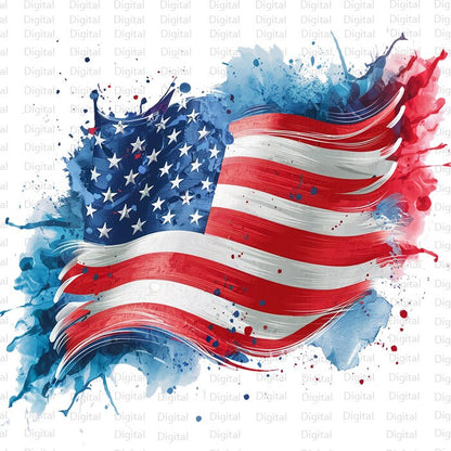 4 American Flag Watercolor PNG, 4th of July Clipart, Printable Watercolor PNG, Digital Download, Silhouette, Trendy PNG, Independence Day