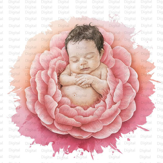 4 Baby Shower Watercolor PNG, Baby in Flowers Clipart, Printable Watercolor PNG, Digital Download, Silhouette, Trendy PNG