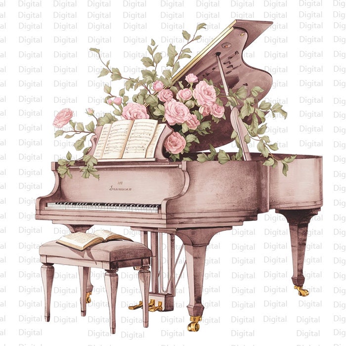 6 Floral Grand Piano Watercolor PNG, Piano Clipart, Printable Watercolor PNG, Digital Download, Silhouette, Trendy PNG