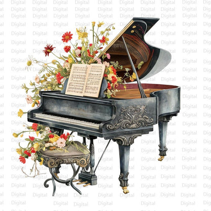 6 Floral Grand Piano Watercolor PNG, Piano Clipart, Printable Watercolor PNG, Digital Download, Silhouette, Trendy PNG