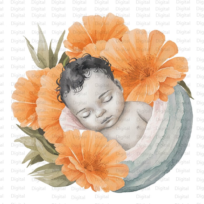 4 Baby Shower Watercolor PNG, Baby in Flowers Clipart, Printable Watercolor PNG, Digital Download, Silhouette, Trendy PNG