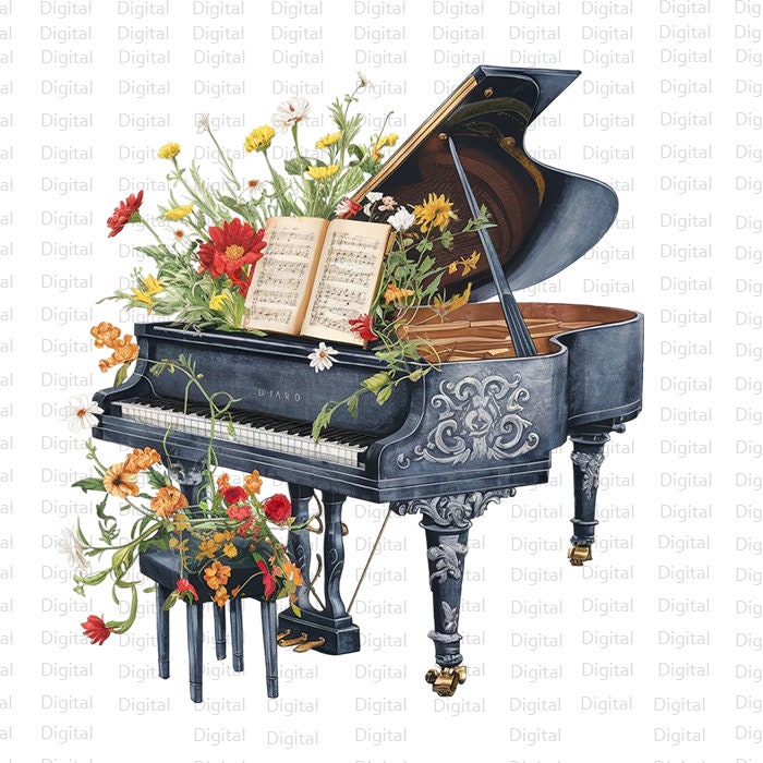 6 Floral Grand Piano Watercolor PNG, Piano Clipart, Printable Watercolor PNG, Digital Download, Silhouette, Trendy PNG