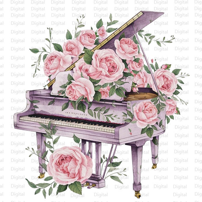 6 Floral Grand Piano Watercolor PNG, Piano Clipart, Printable Watercolor PNG, Digital Download, Silhouette, Trendy PNG