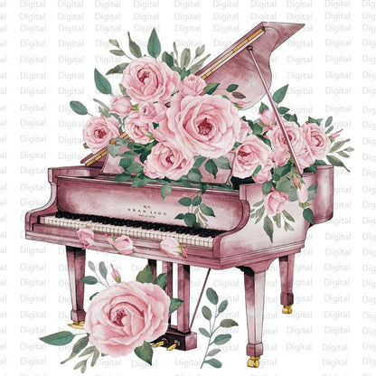 6 Floral Grand Piano Watercolor PNG, Piano Clipart, Printable Watercolor PNG, Digital Download, Silhouette, Trendy PNG