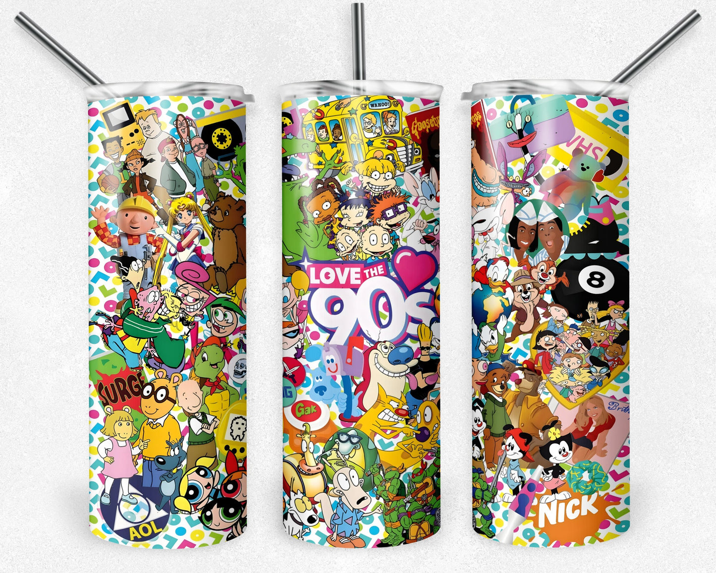 Love 90's 20oz Tumbler, 20oz Skinny Tumbler, Cartoon Tumbler Wrap, Vintage Cartoon Tumbler Sublimation, Full Tumbler Wrap