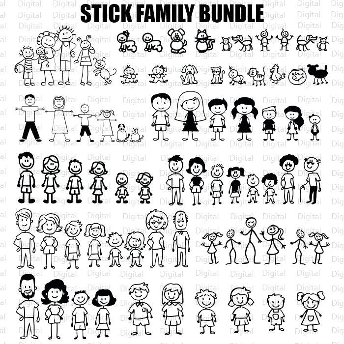 Stick Family SVG Bundle, Stick Family Cut file, Clipart, Cut File For Cricut, Stick Figure Vector, Digital Download, Silhouette, PNG