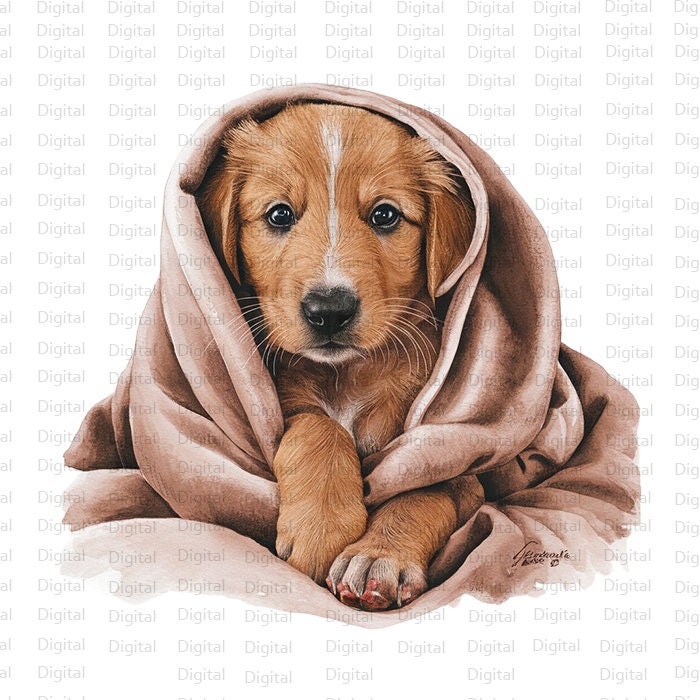 7 Puppies in Blankets Watercolor PNG, Cute Puppies Clipart, Printable Watercolor PNG, Digital Download, Silhouette, Trendy PNG