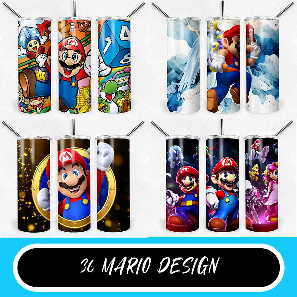 Super Mario 20oz Sublimation Tumbler Designs, Game Straight Skinny Tumbler Wrap PNG