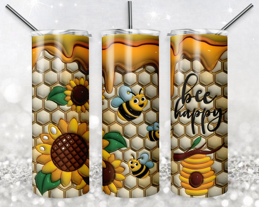 3D Inflated Puff Bee Happy 20oz Sublimation Tumbler Designs, Bee Happy Straight Skinny Tumbler Wrap PNG