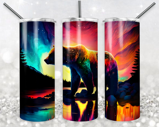 Neon Bear 20oz Sublimation Tumbler Designs, Polar Bear Straight Skinny Tumbler Wrap PNG