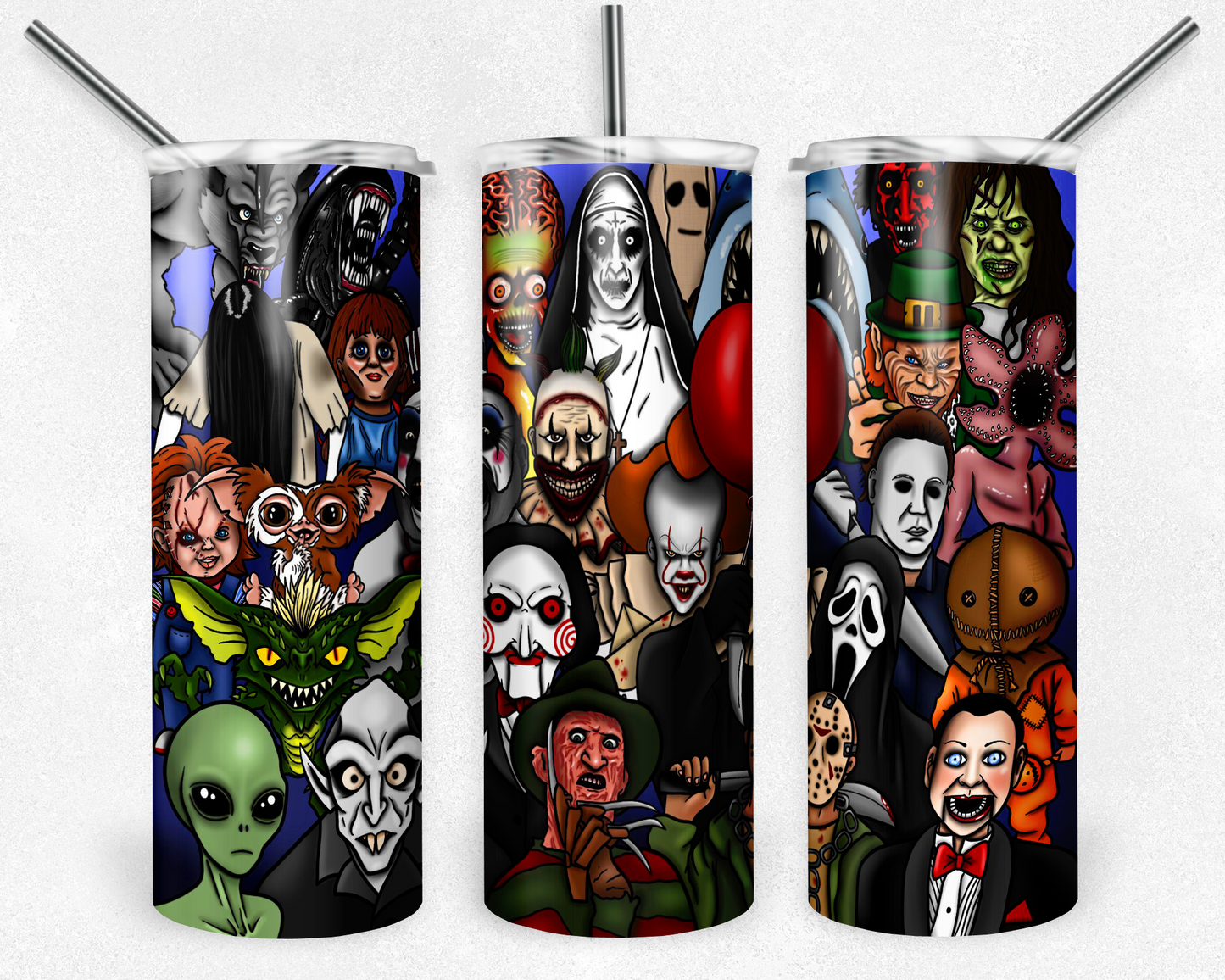 Horror Movie 20oz Sublimation Tumbler Designs, Horror Character Straight Skinny Tumbler Wrap PNG